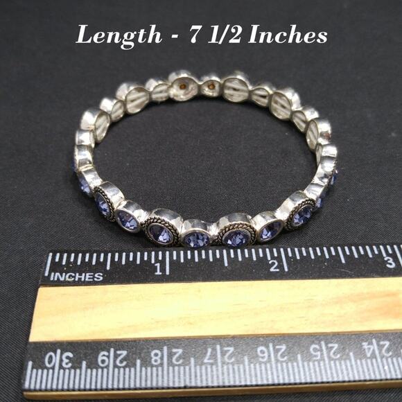 Blue Lavender Rhinestone Silver Tone Stretch Bracelet, 7 1/2 Inches - Picture 6 of 7